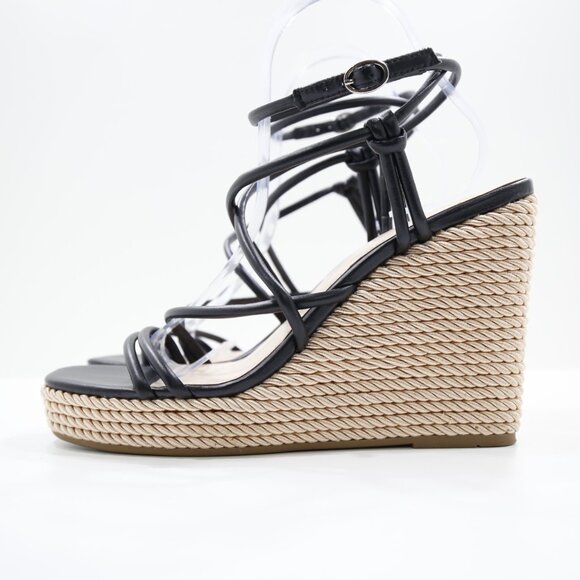Marc Fisher Zesty Black Faux Leather Strappy 4.5" Wedge Heel Sandals - 10 - Picture 1 of 7